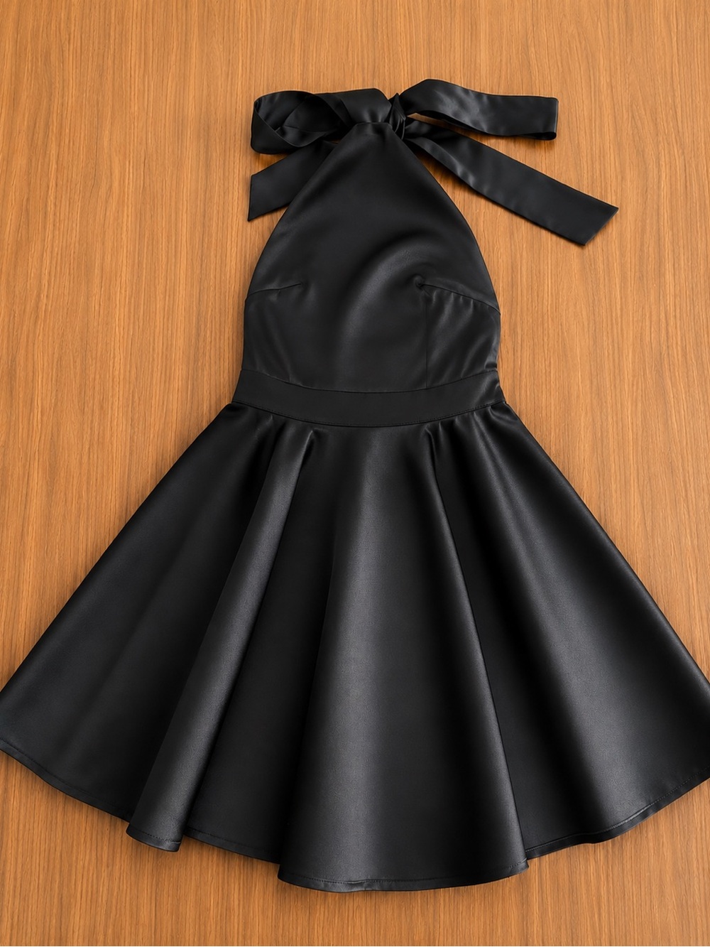 Black Satin Halter Fit-and-Flare Dress